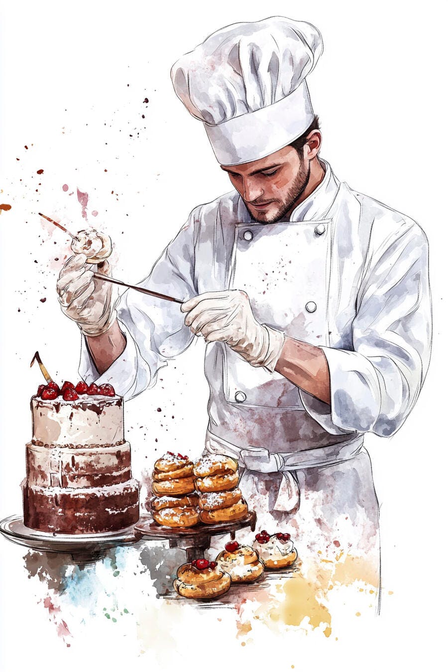 Homem chef decorando bolo de chocolate e doces em aquarela vibrante