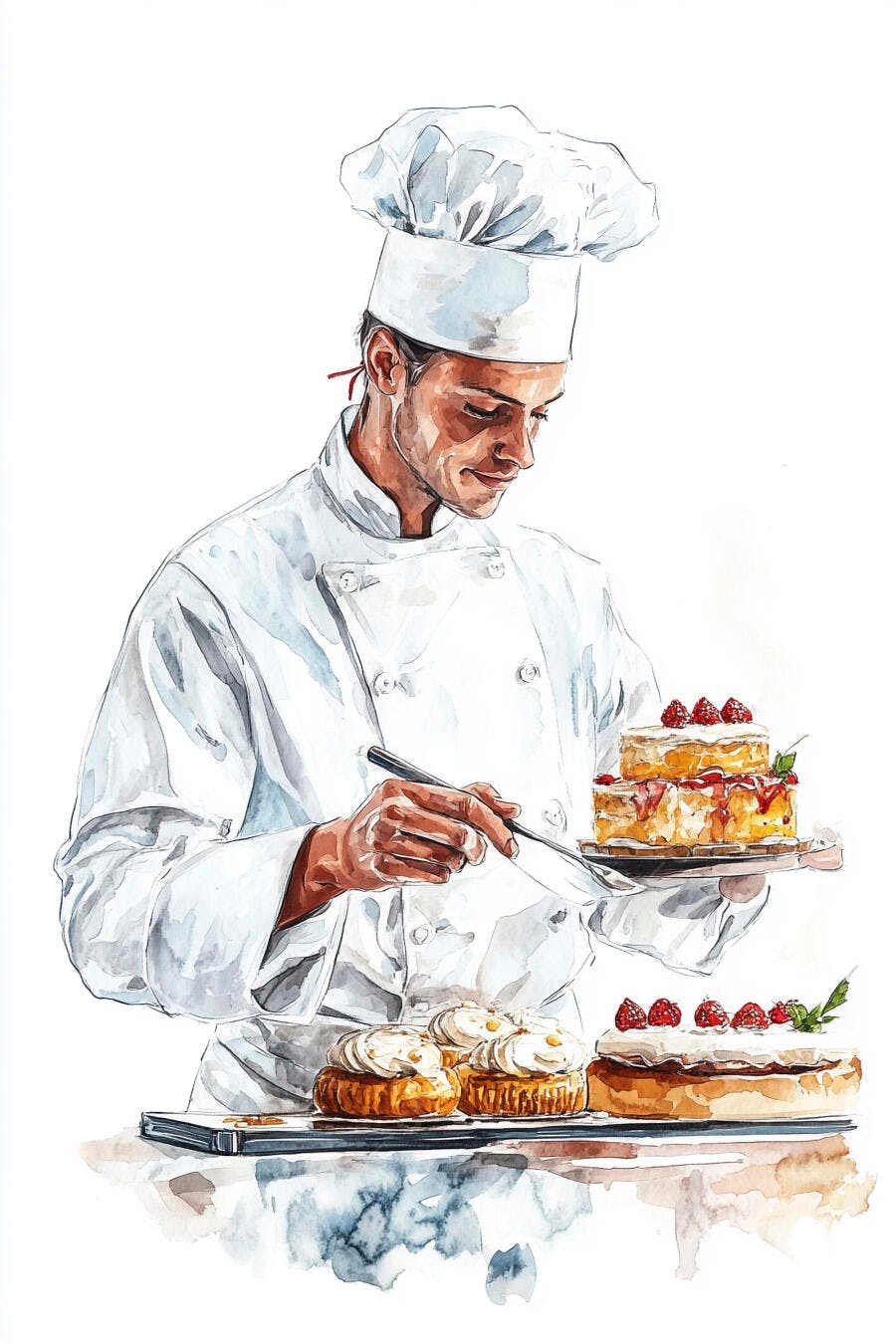 Chef confeiteiro decorando bolos e doces com framboesas em aquarela