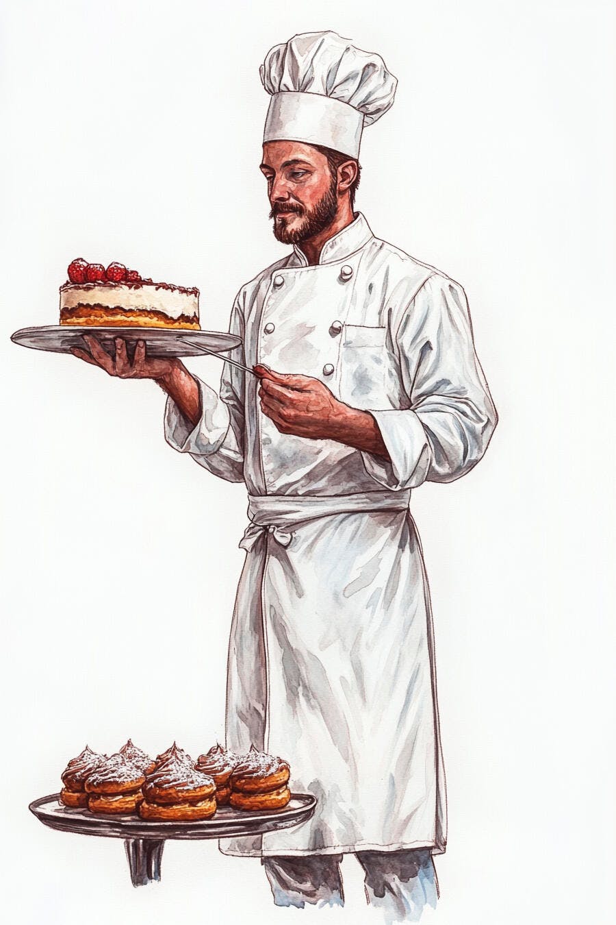 Confeiteiro homem barbudo segurando bolo de morango e doces em uniforme branco