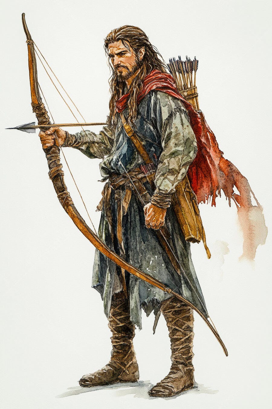 Homem arqueiro guerreiro medieval com capa vermelha em aquarela