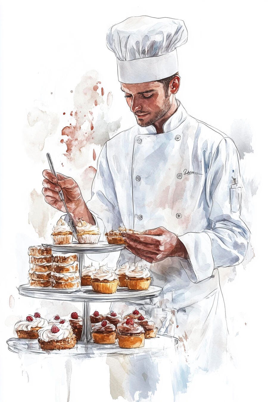 Chef masculino profissional decorando doces finos em ilustração aquarela