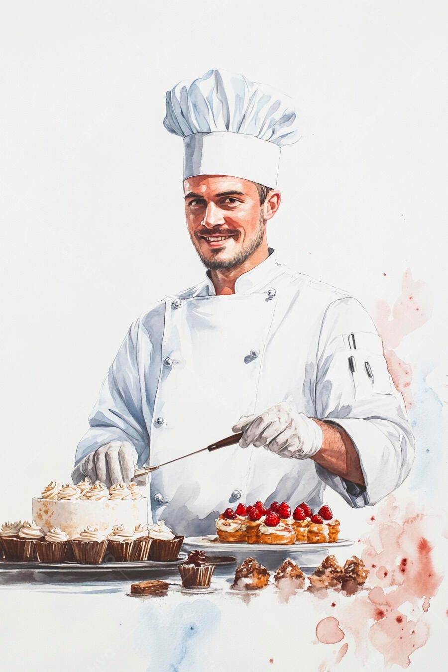 Chef confeiteiro caucasiano sorrindo decorando doces e bolos em aquarela