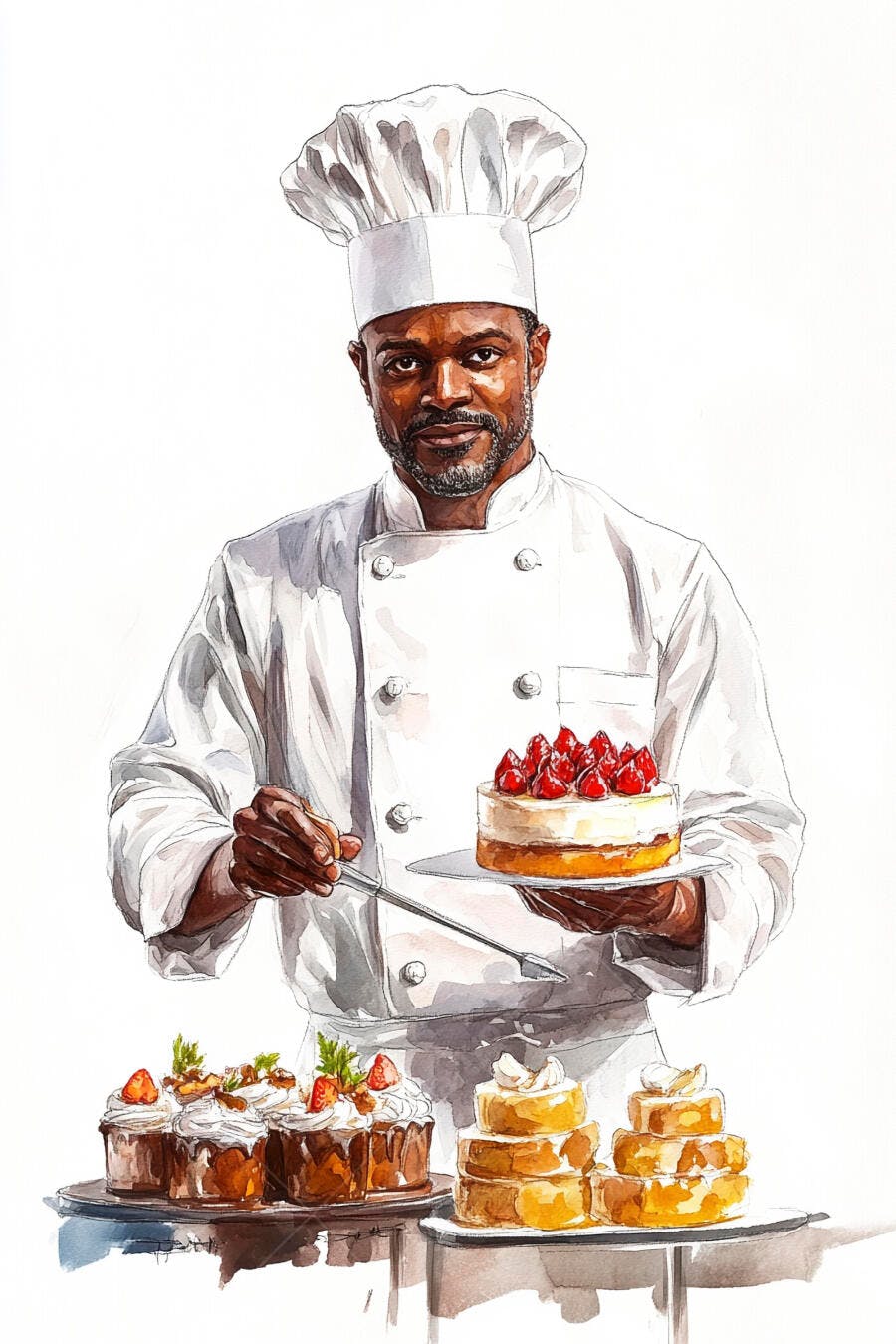Chef confeiteiro negro apresentando bolo de morango e doces variados