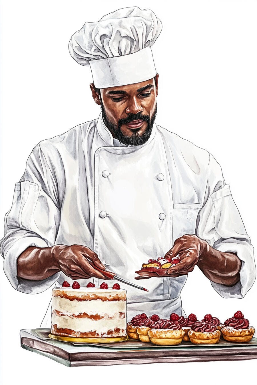 Homem negro confeiteiro decorando bolo e tortinhas com framboesas