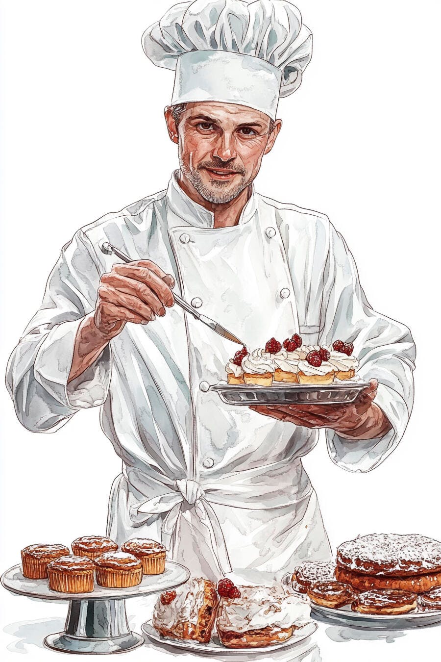 Chefe masculino sorridente decorando doces com framboesas e creme branco em estúdio