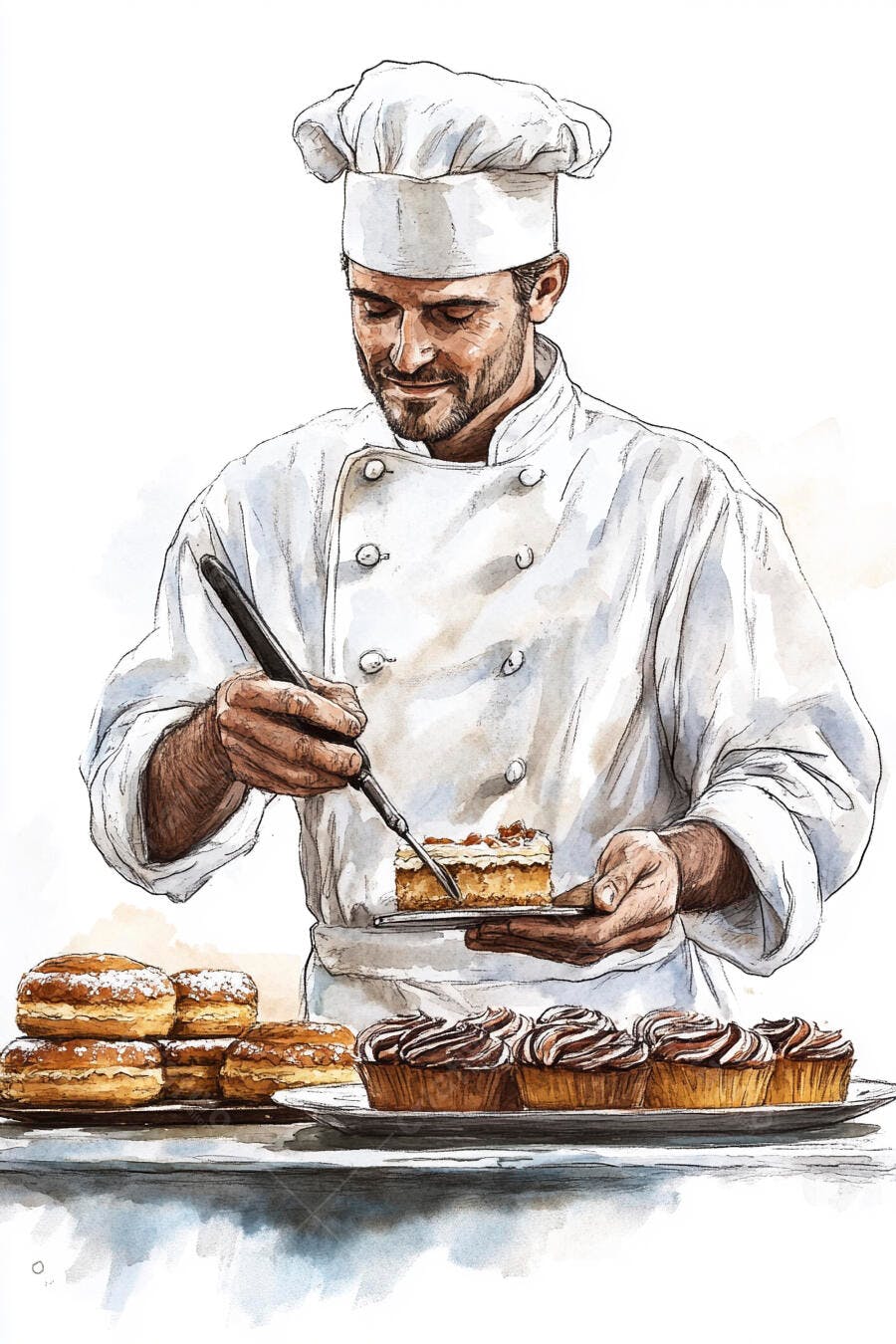 Chef confeiteiro com barba decorando bolo em aquarela com doces