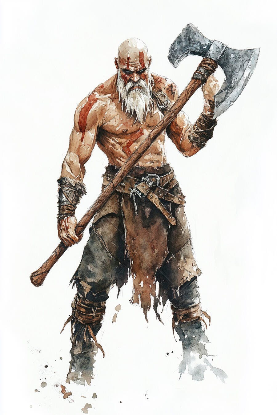 Guerreiro viking bárbaro com machado barba branca e pintura de guerra vermelha em aquarela