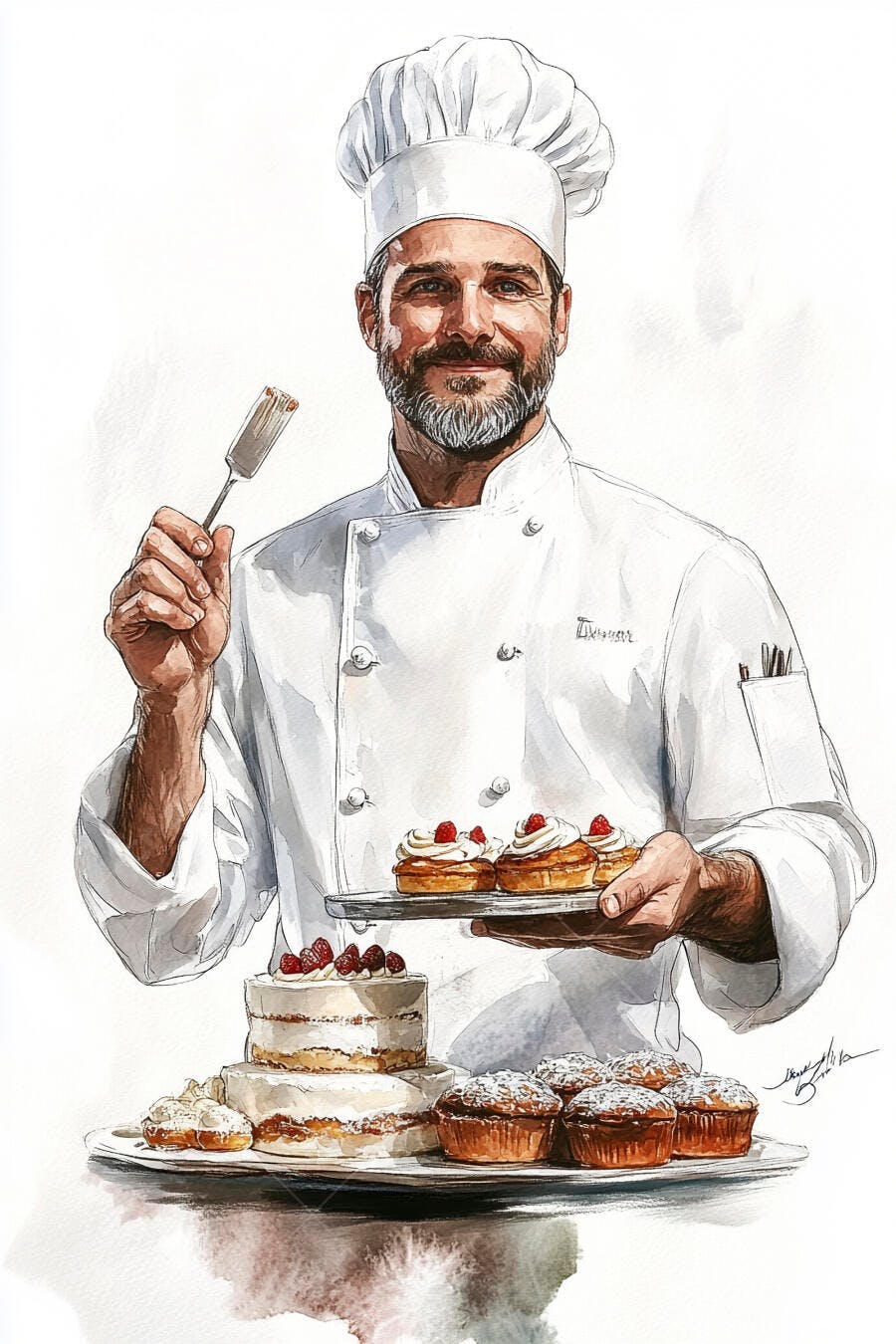 Chef confeiteiro caucasiano sorrindo com bolo e tortinhas de framboesa aquarela