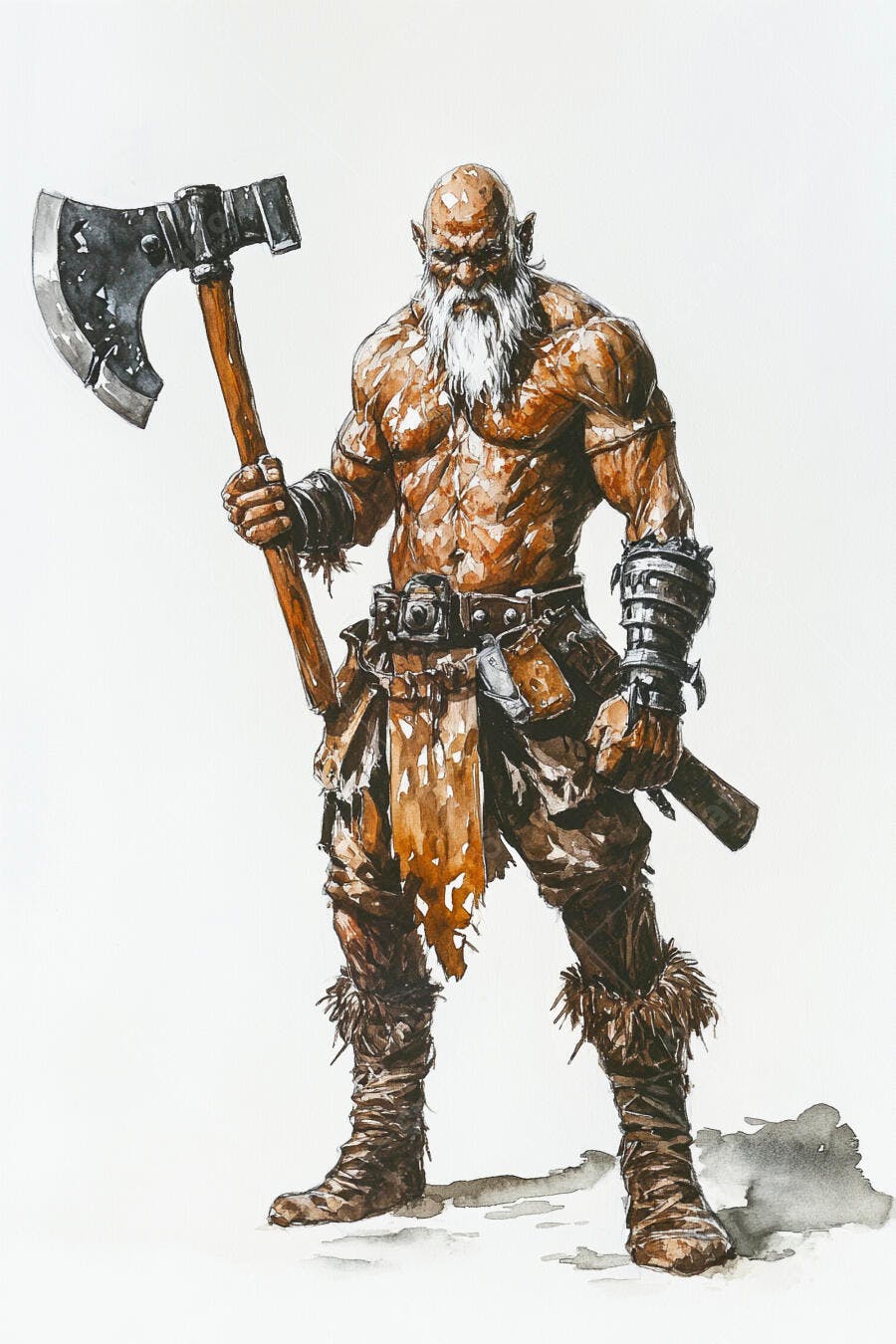 Guerreiro orc musculoso de pele cinza barba branca e machado grande