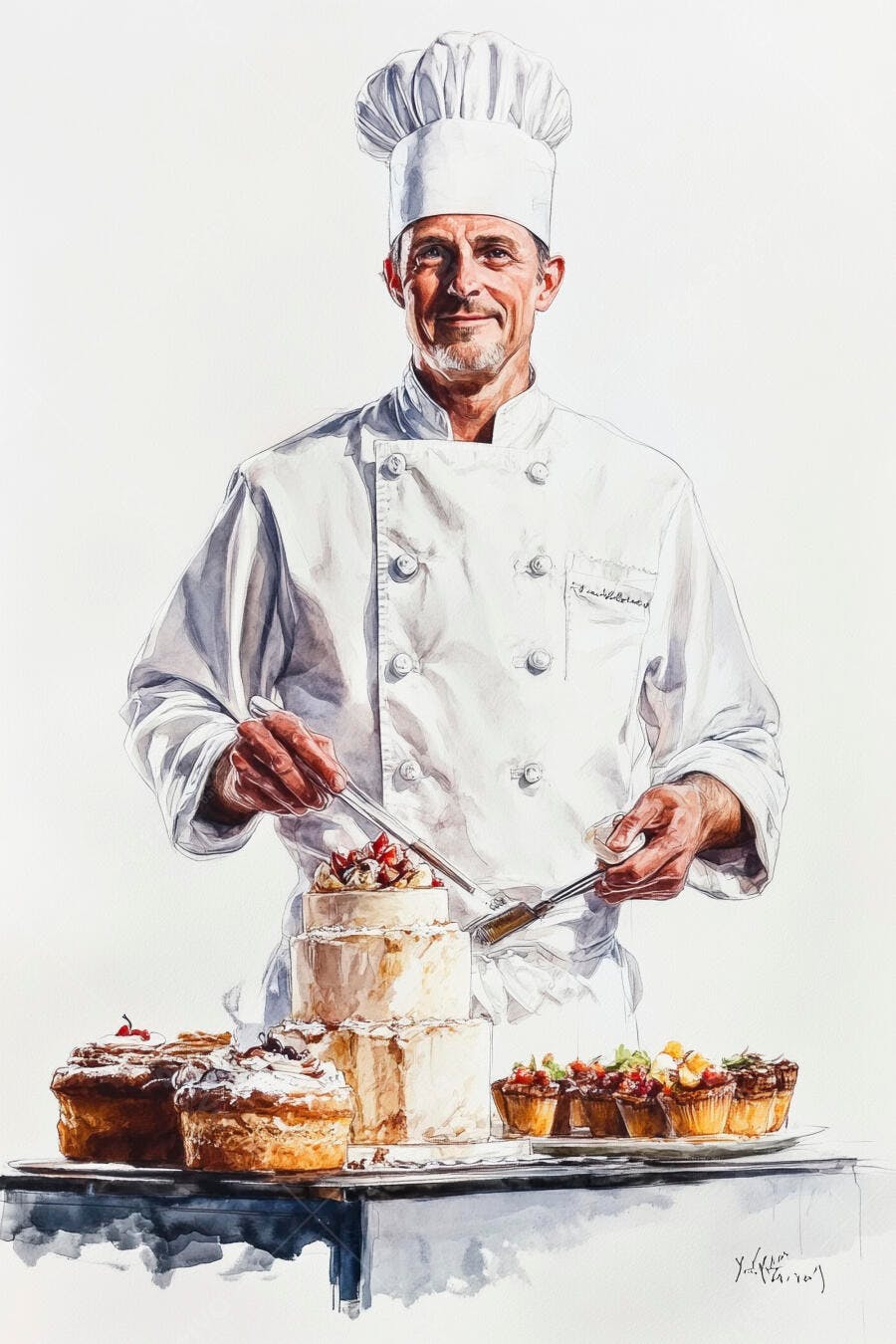 Chef caucasiano sorrindo decorando bolo festivo com frutas vermelhas e doces