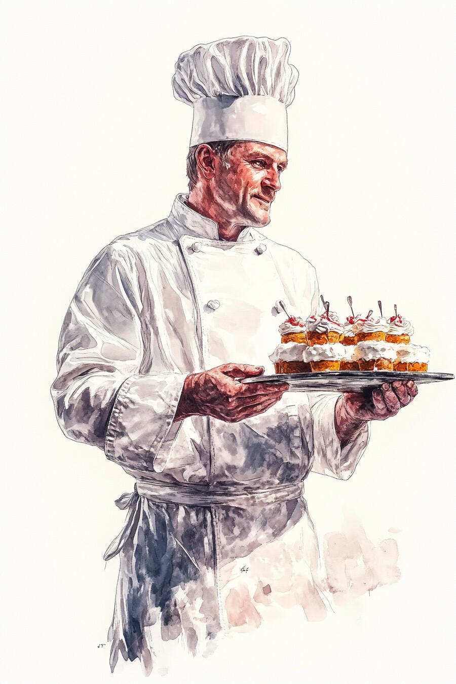 Chef homem em uniforme branco segurando bandeja de cupcakes aquarela