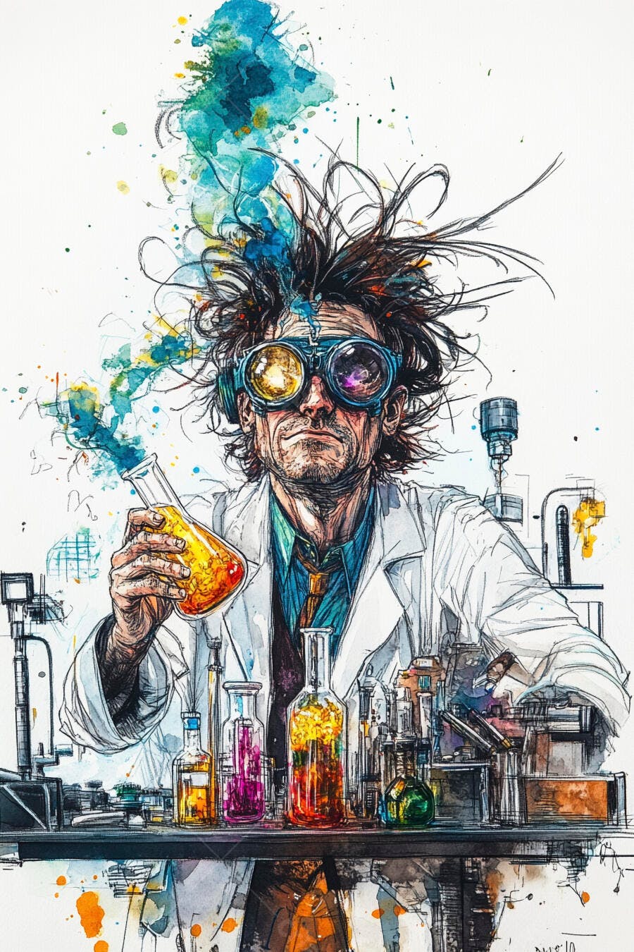 Cientista homem com óculos e cabelos selvagens em laboratório vibrante ilustração
