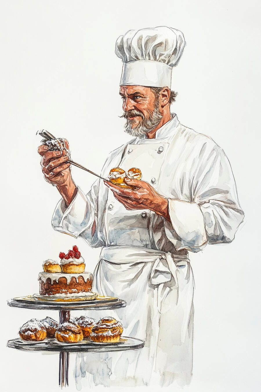 Chef confeiteiro homem branco decorando doces com framboesas estilo aquarela