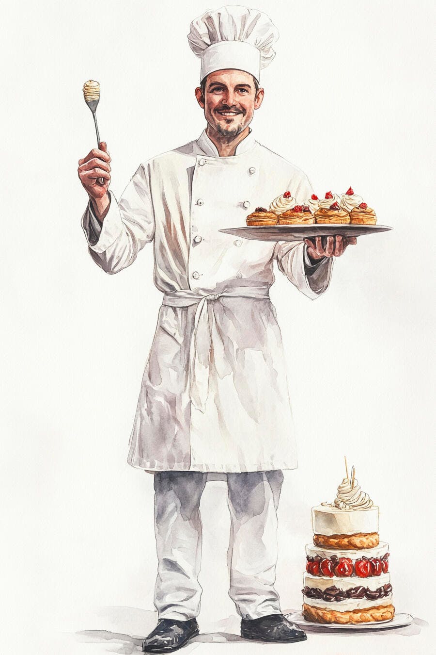 Confeiteiro homem sorridente segurando doces e bolo em aquarela