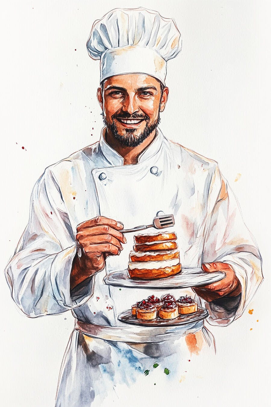 Chef homem sorridente de barba com touca branca segurando sobremesas em aquarela