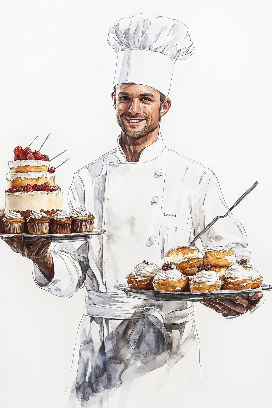Chef masculino sorrindo com bolos de framboesa cupcakes e sonhos