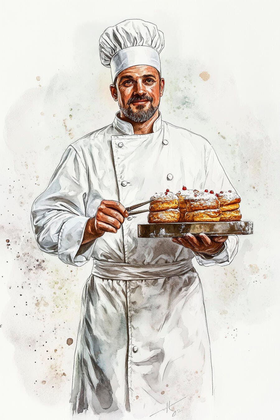 Chef homem branco barbudo em uniforme branco com doces aquarela