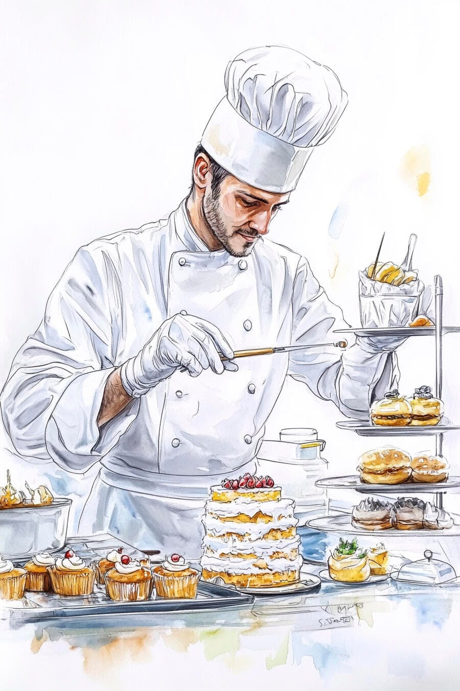 Chef confeiteiro decorando bolo de andar e cupcakes com frutas vermelhas