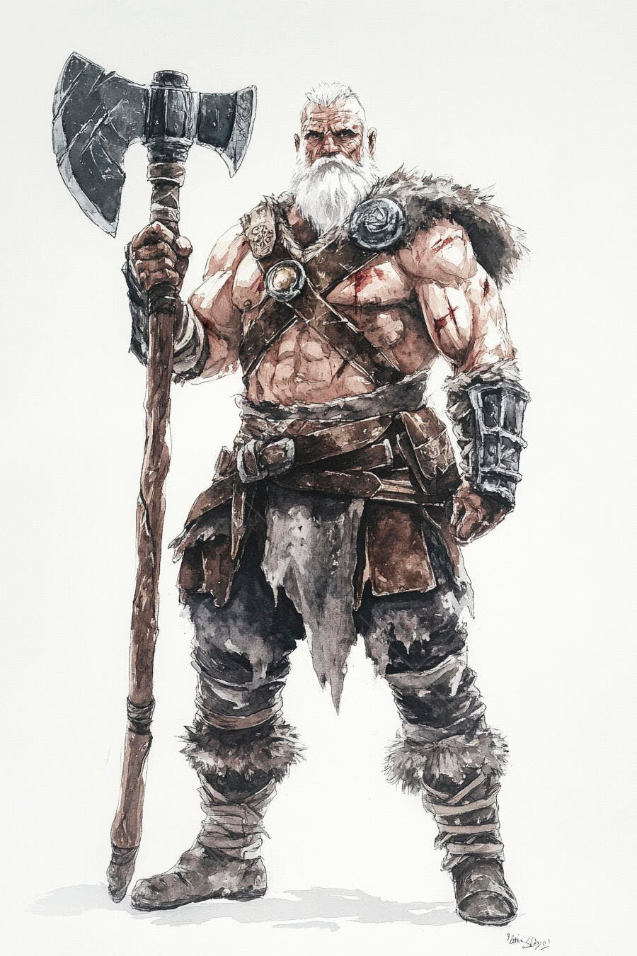 Guerreiro musculoso barba branca machado grande ilustração aquarela