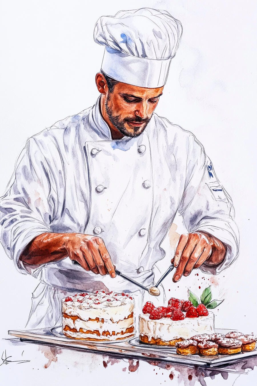 Chef confeiteiro mediterrâneo decorando bolos e doces com framboesas aquarela