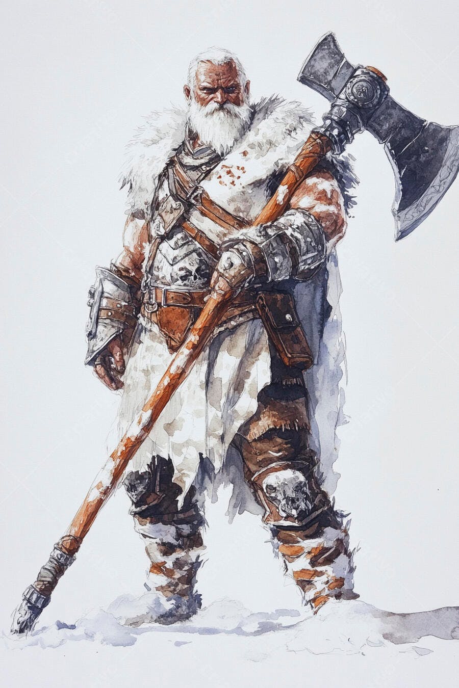 Guerreiro viking robusto segurando machado em armadura e barba branca na neve