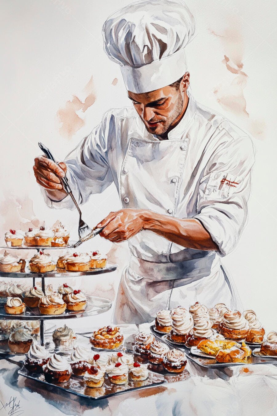 Chef homem caucasiano decorando doces em confeitaria com uniforme branco