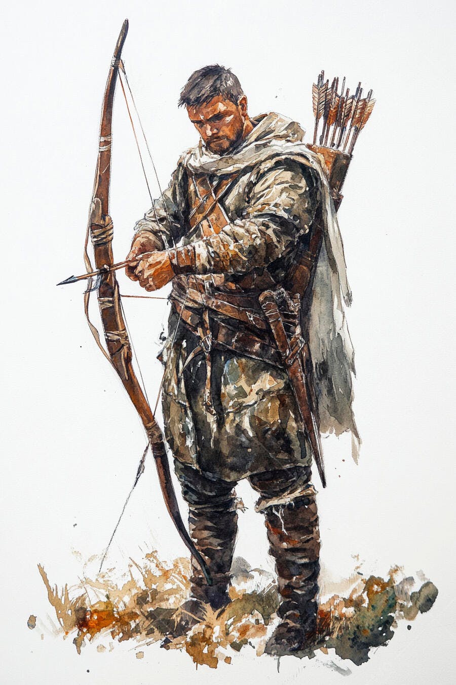 Homem arqueiro em traje camuflado preparando flecha em aquarela