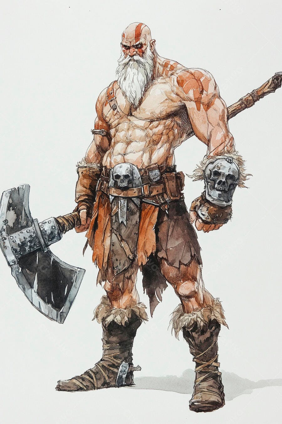 Guerreiro bárbaro musculoso com machado e barba branca em estilo aquarela