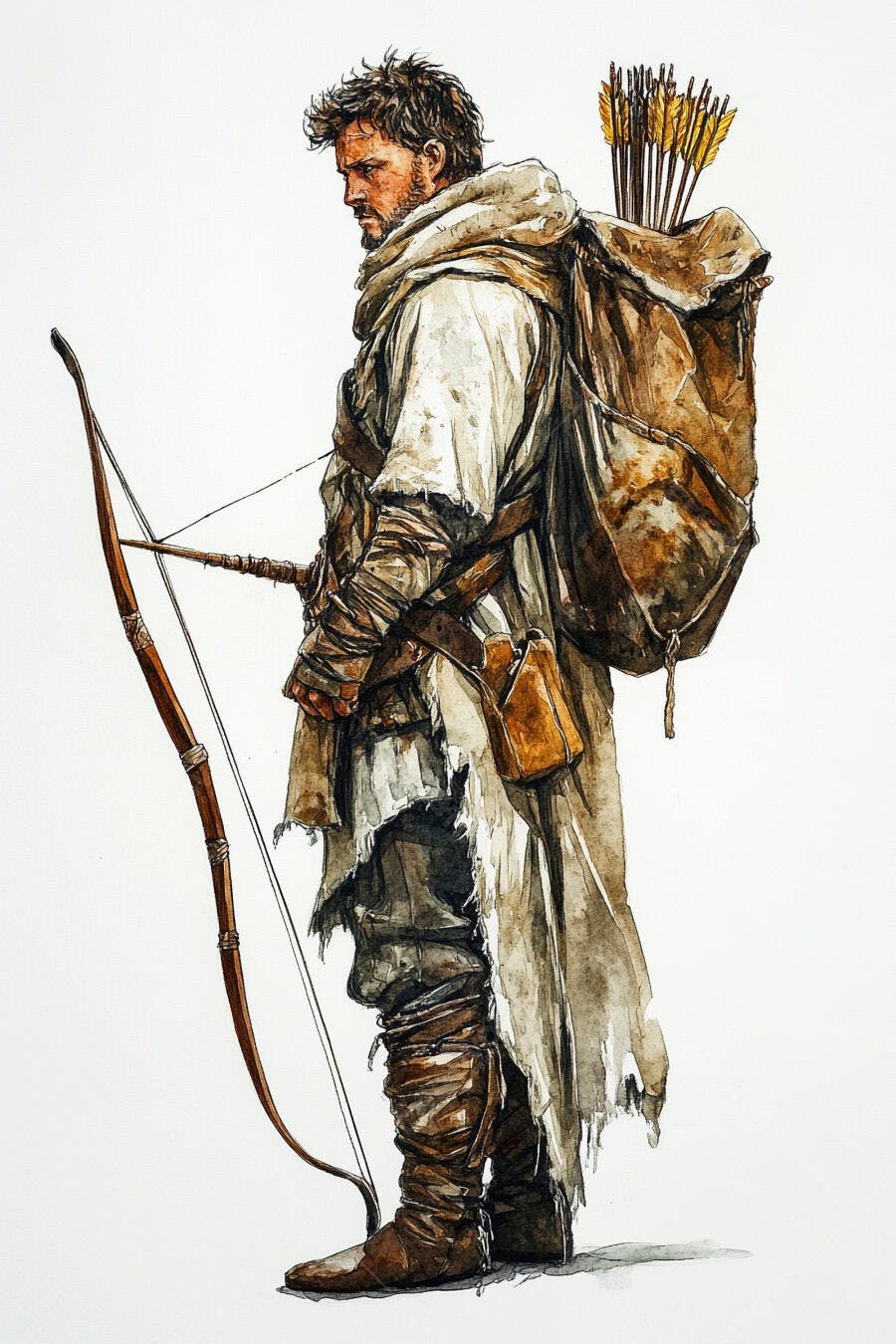 Arqueiro homem com barba e roupas rústicas ilustrado em aquarela