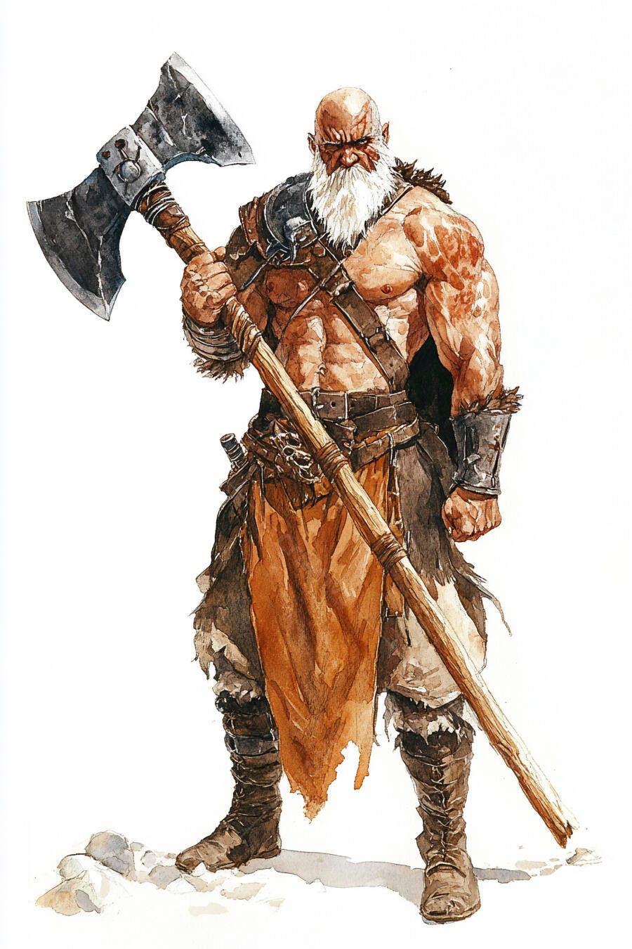 Guerreiro bárbaro musculoso de barba branca com machado ilustração aquarela