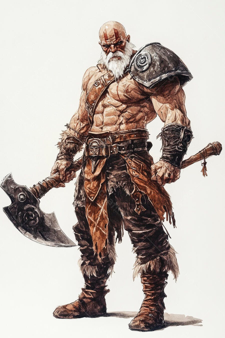 Homem guerreiro musculoso com machado e barba branca ilustração aquarela