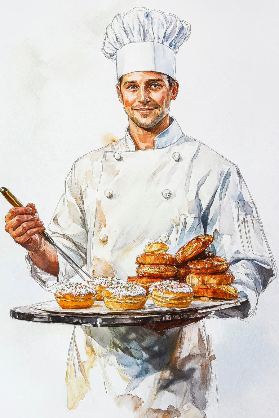 Chef padeiro caucasiano sorridente segurando bandeja de doces assados