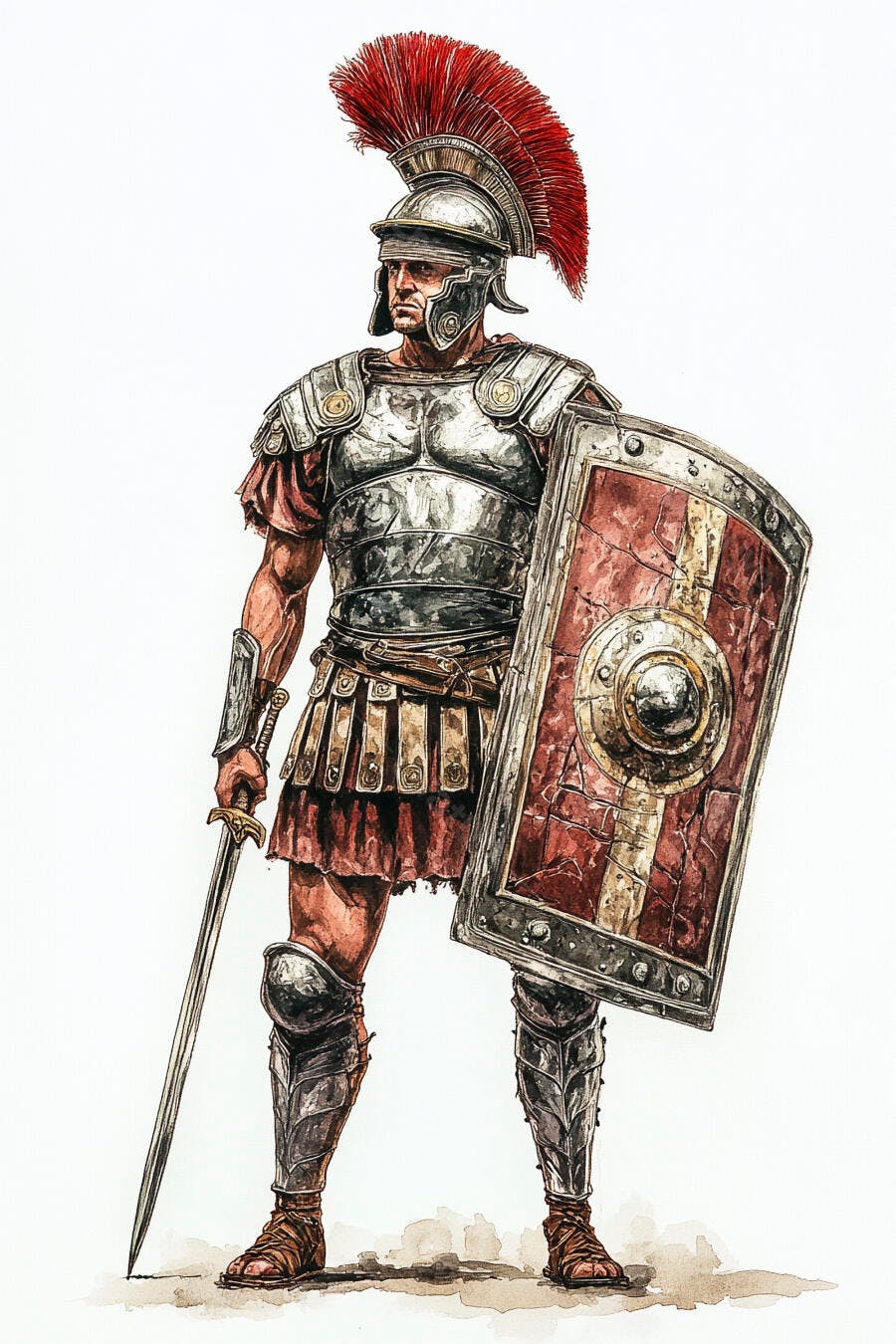 Soldado romano com armadura e escudo vermelho em estilo aquarela