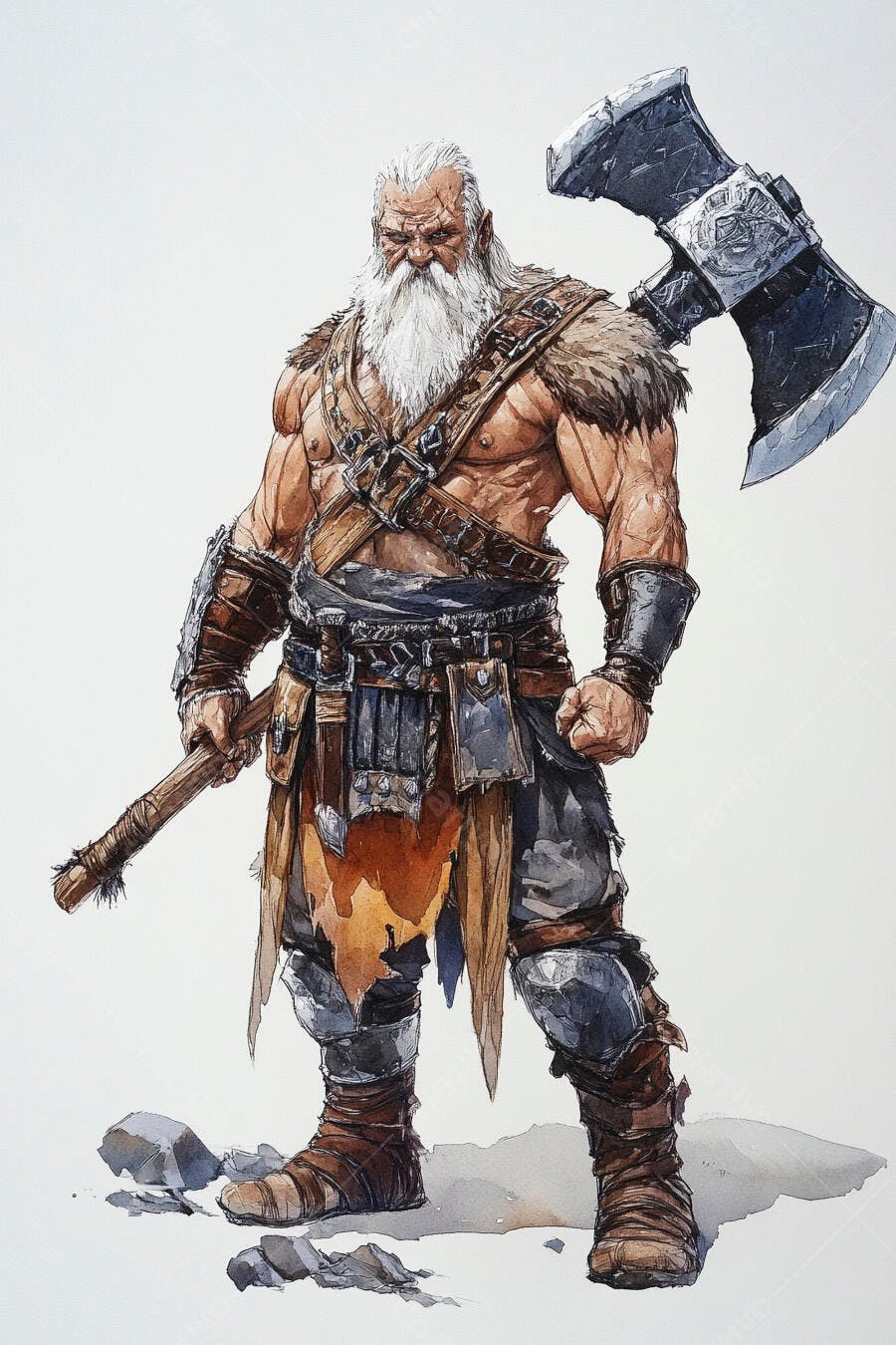Guerreiro viking musculoso de barba branca com machado grande ilustração aquarela