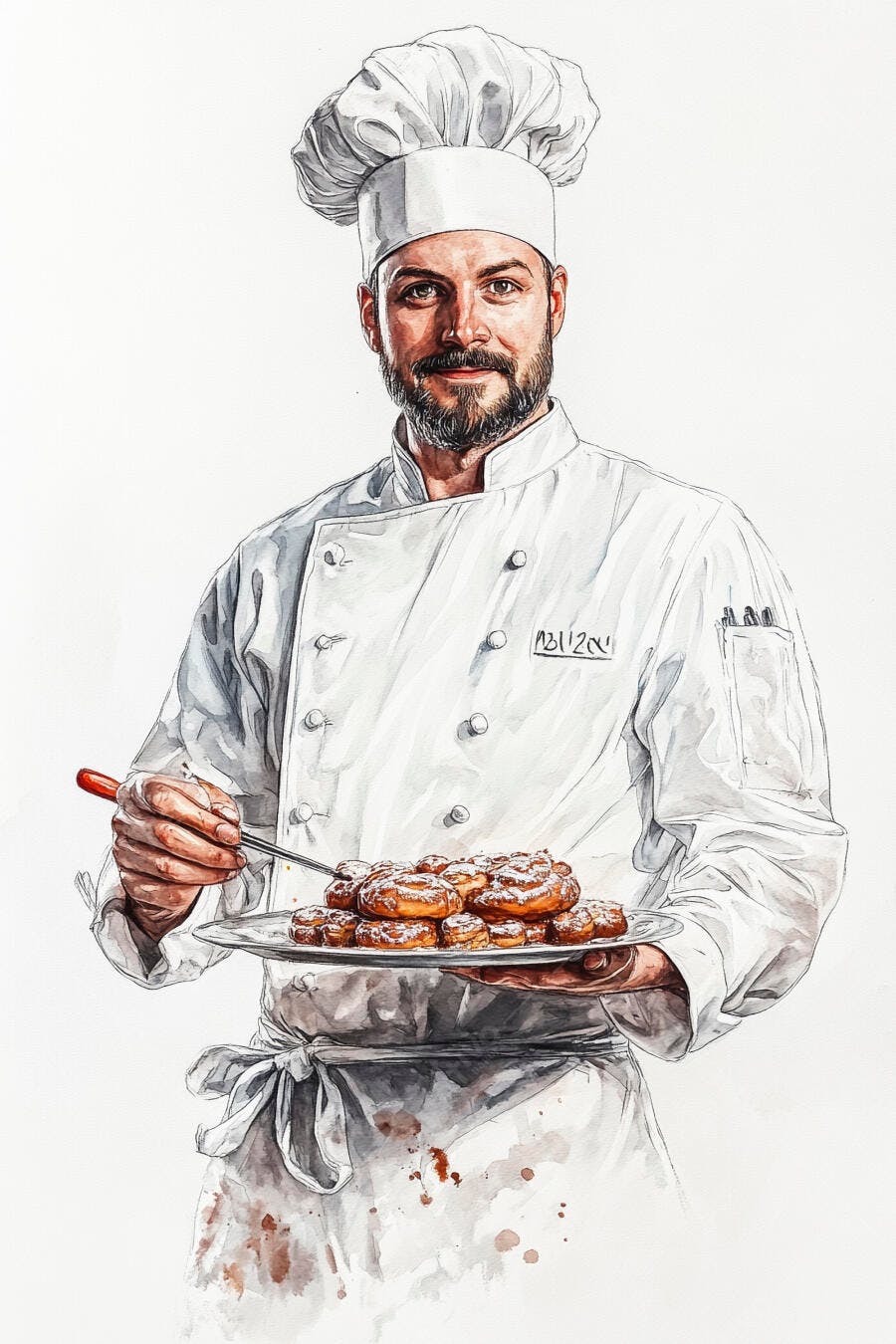 Chef caucasiano barbudo de branco servindo bolinhos doces com açúcar