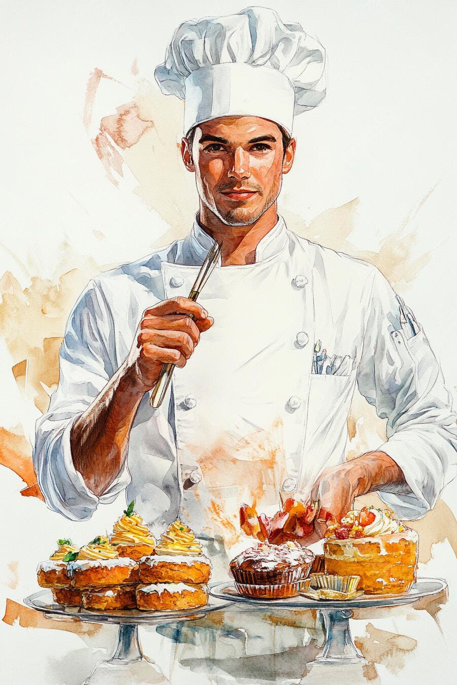 Chef homem caucasiano sorrindo com utensílio e doces ilustração aquarela