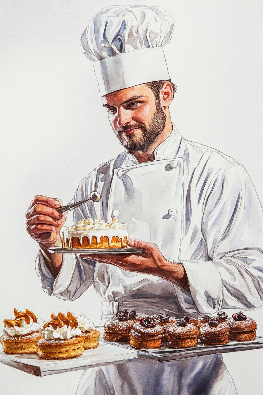 Ilustração chef confeiteiro barbudo decorando bolo e doces variados