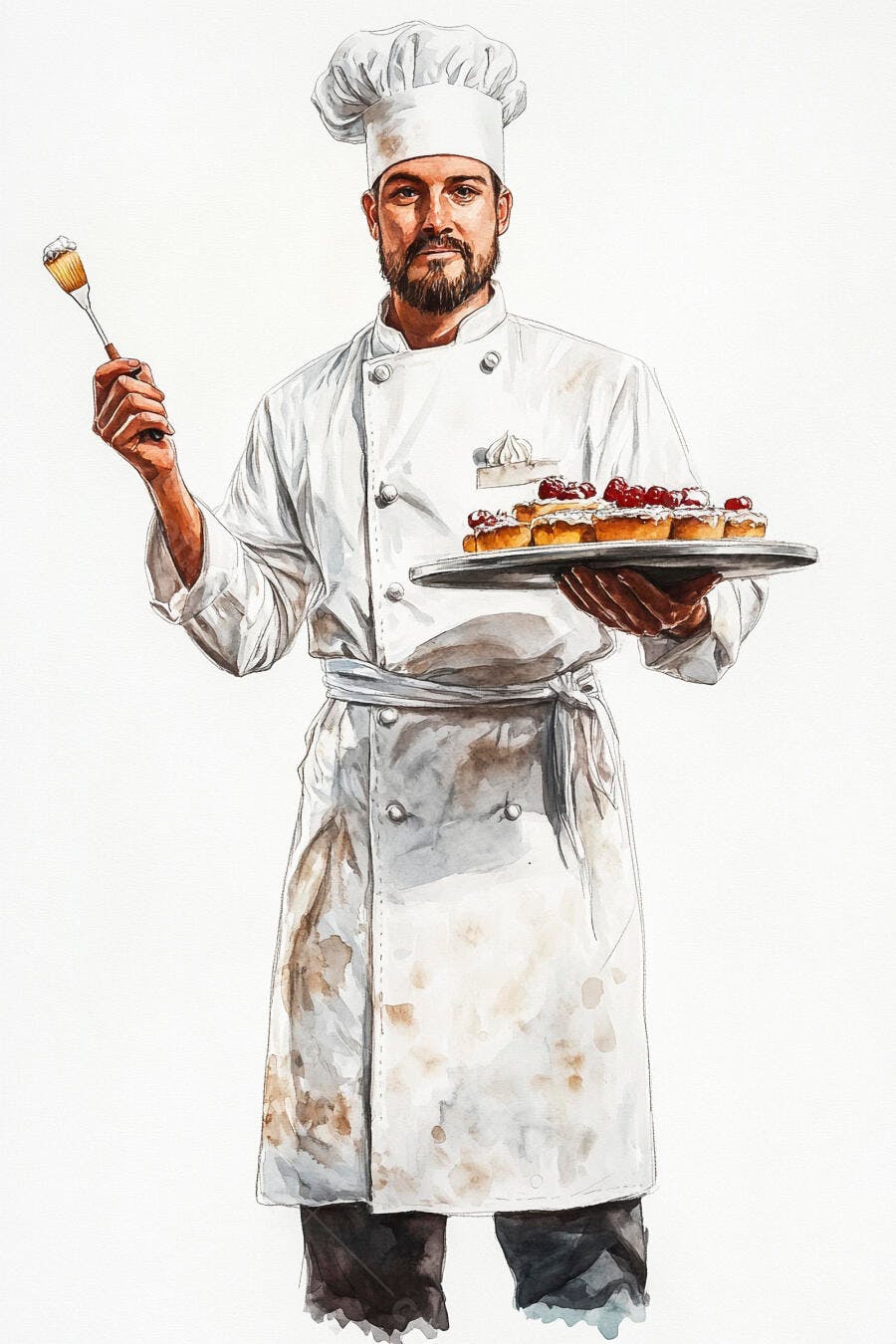 Chef masculino barbudo com uniforme branco segurando bandeja de tortinhas de frutas
