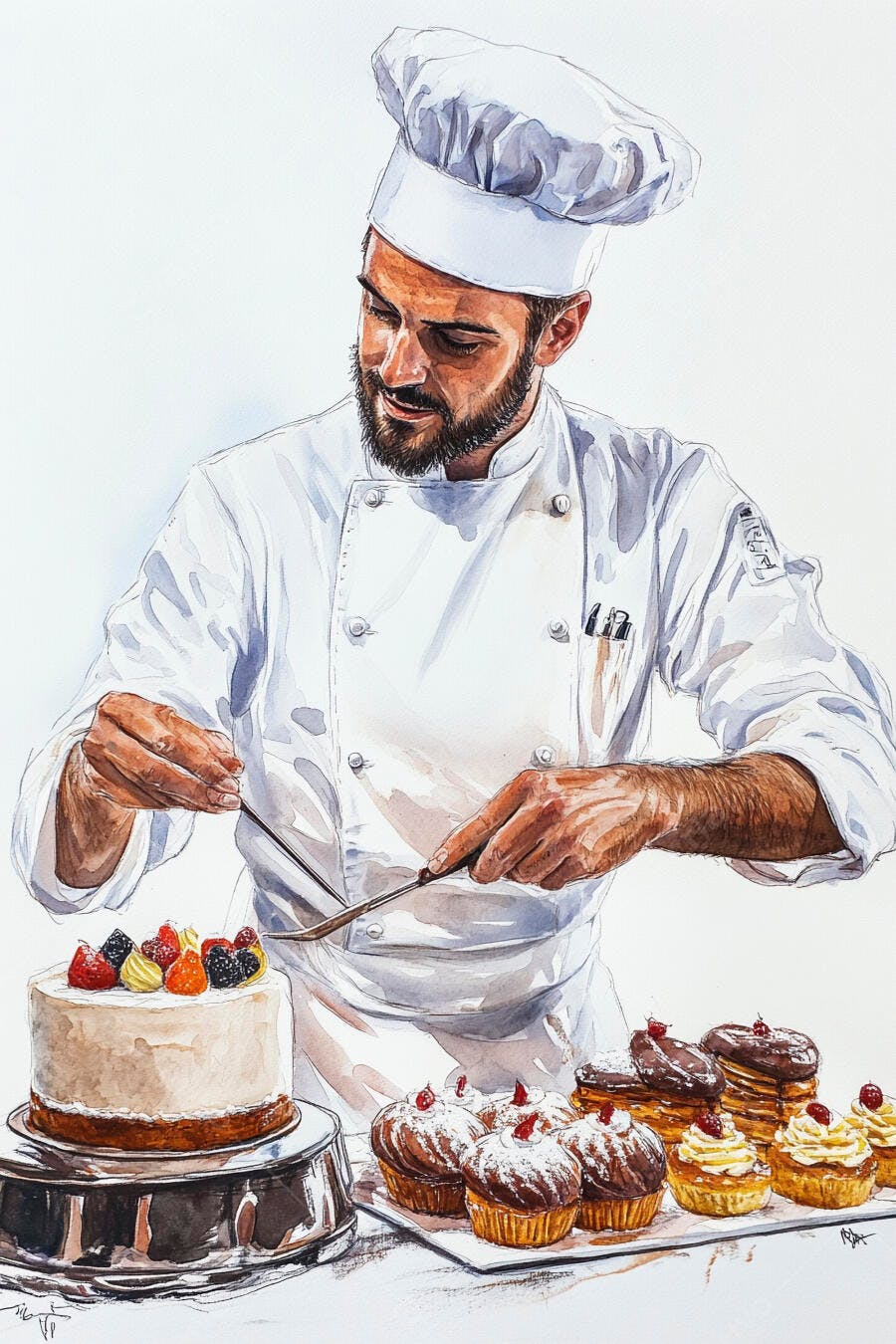 Confeiteiro caucasiano decorando bolo com frutas vermelhas e doces variados