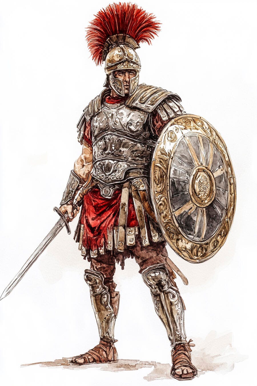 Guerreiro romano em armadura prateada com penacho vermelho espada e escudo dourado