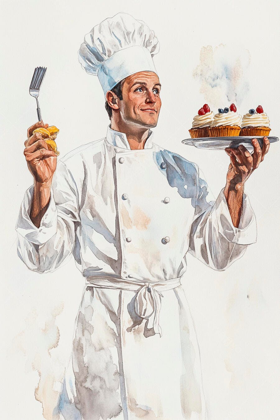 Chef homem branco apresenta cupcakes frescos com frutas vermelhas e espátula