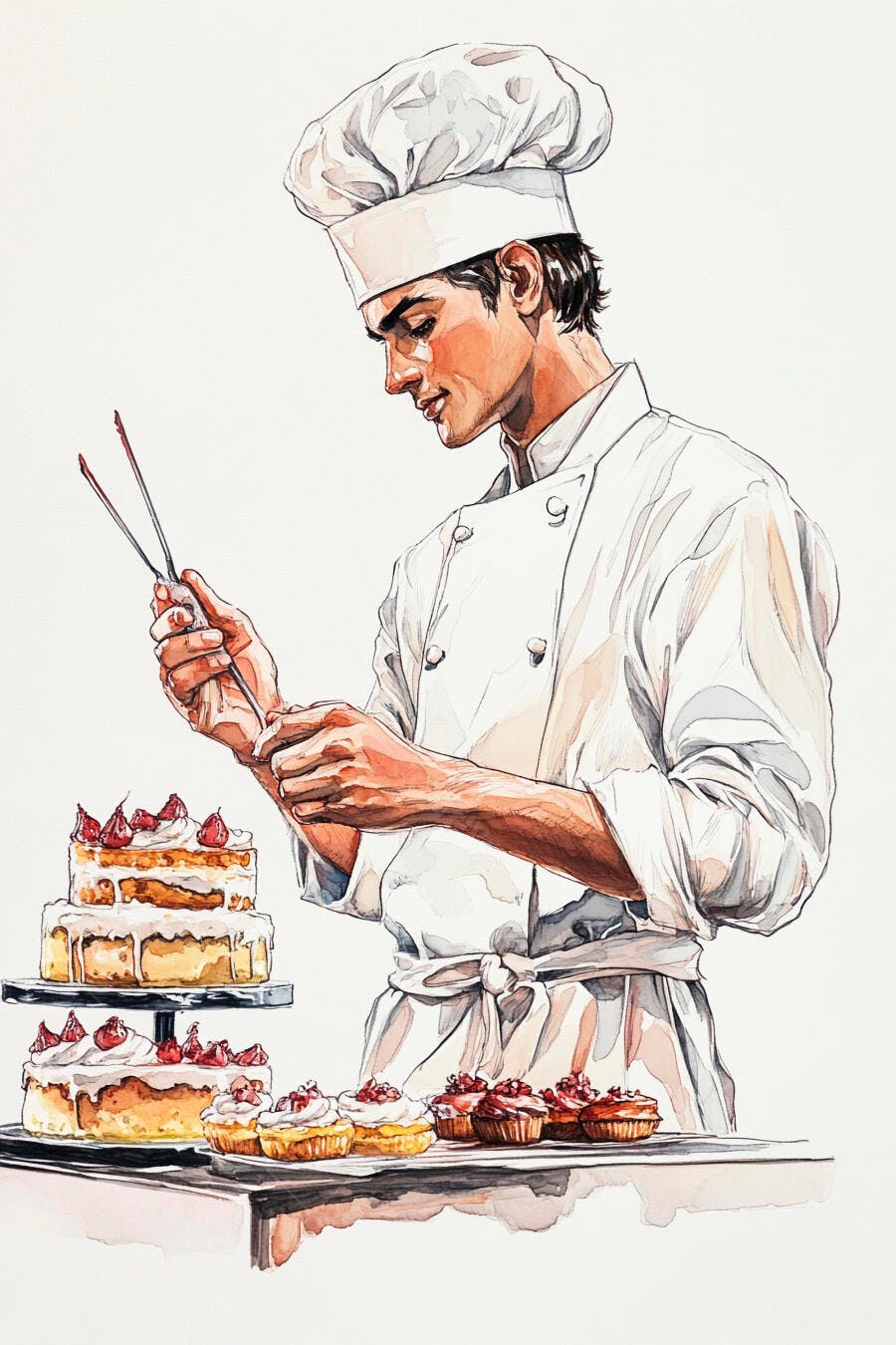 Jovem padeiro chef decorando bolos e cupcakes com frutas vermelhas