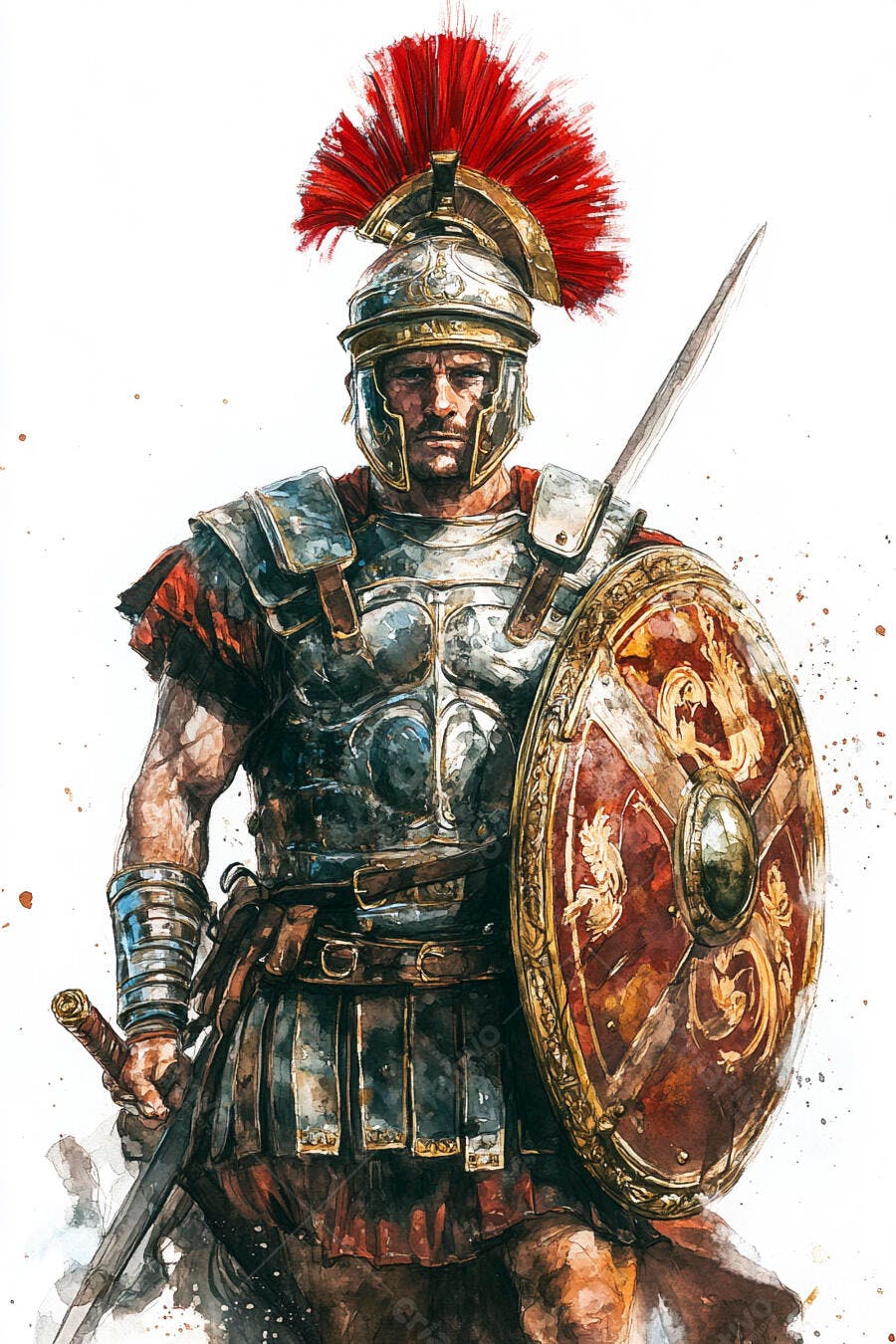 Soldado romano centurião com armadura e escudo vermelho em aquarela