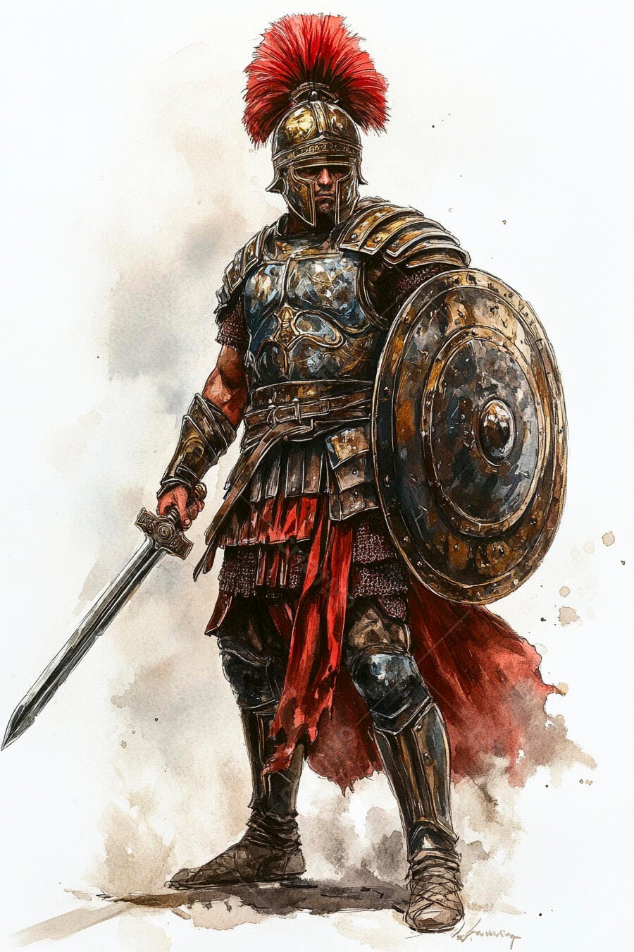 Guerreiro romano com armadura e escudo detalhados em aquarela