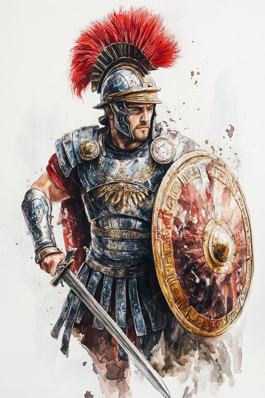 Centurião romano com capacete vermelho armadura metálica espada e escudo