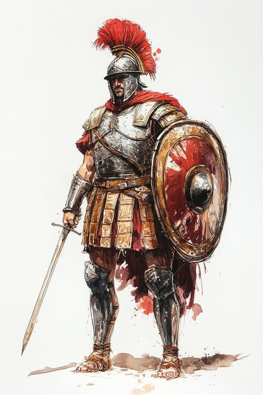 Homem legionário romano com armadura prateada, pluma vermelha e escudo em fundo branco