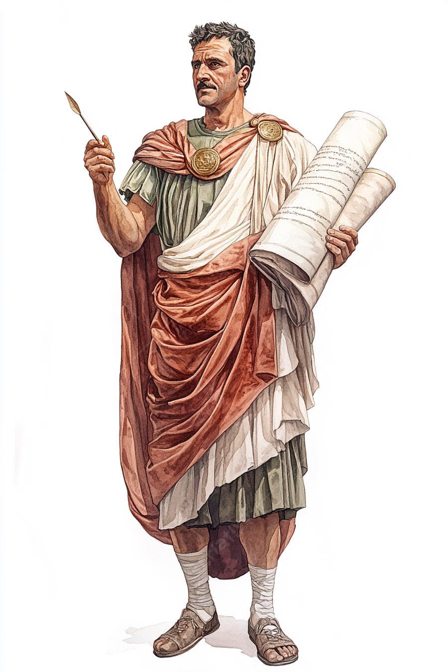 Patrício romano com toga verde e vermelha segurando pergaminhos e stylus