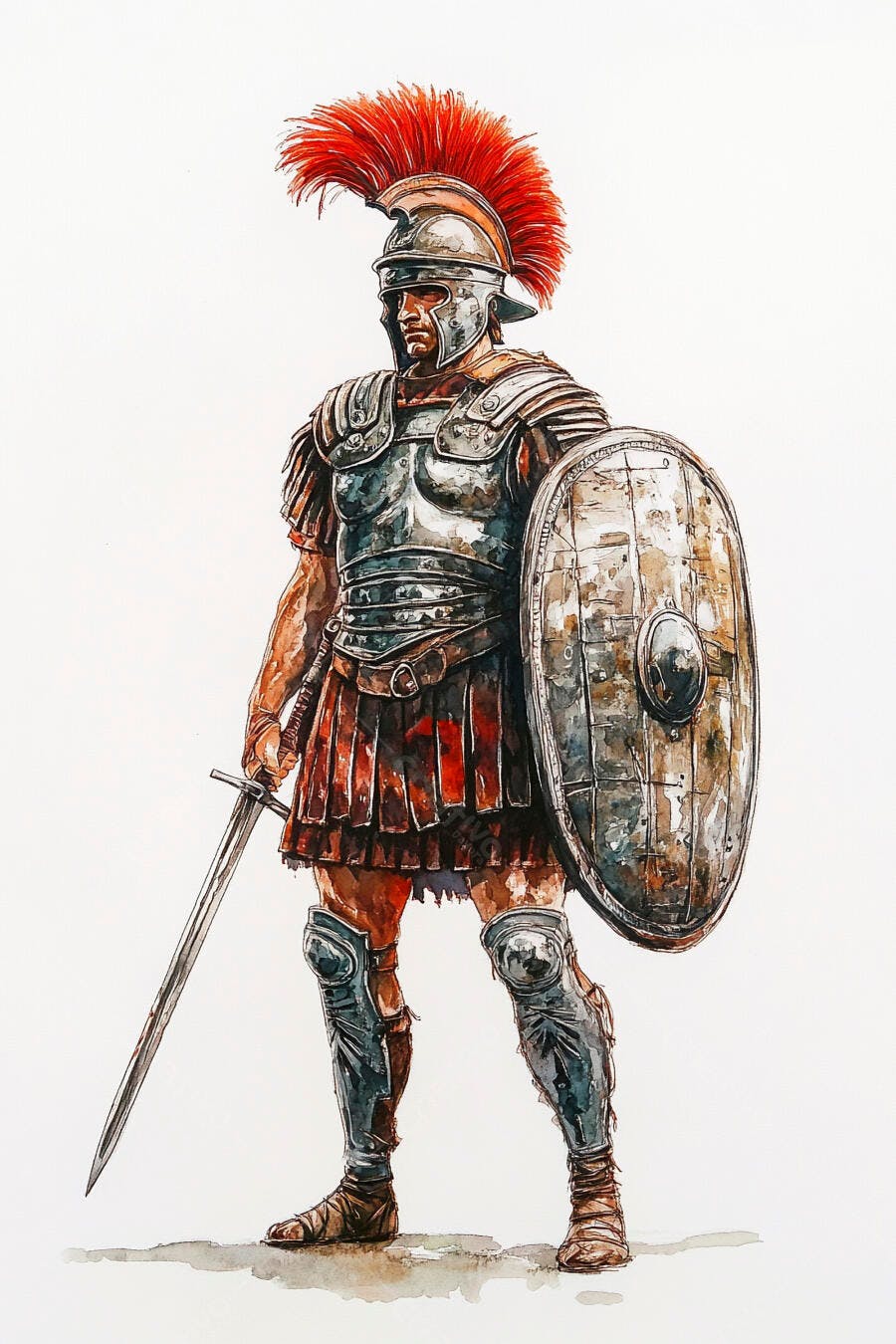 Soldado romano legionário com armadura e capacete vermelho em aquarela