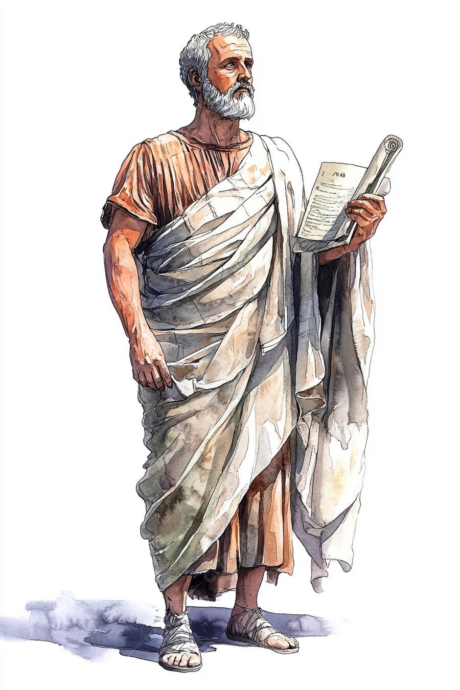 Filósofo grego idoso com toga e pergaminho ilustração aquarela