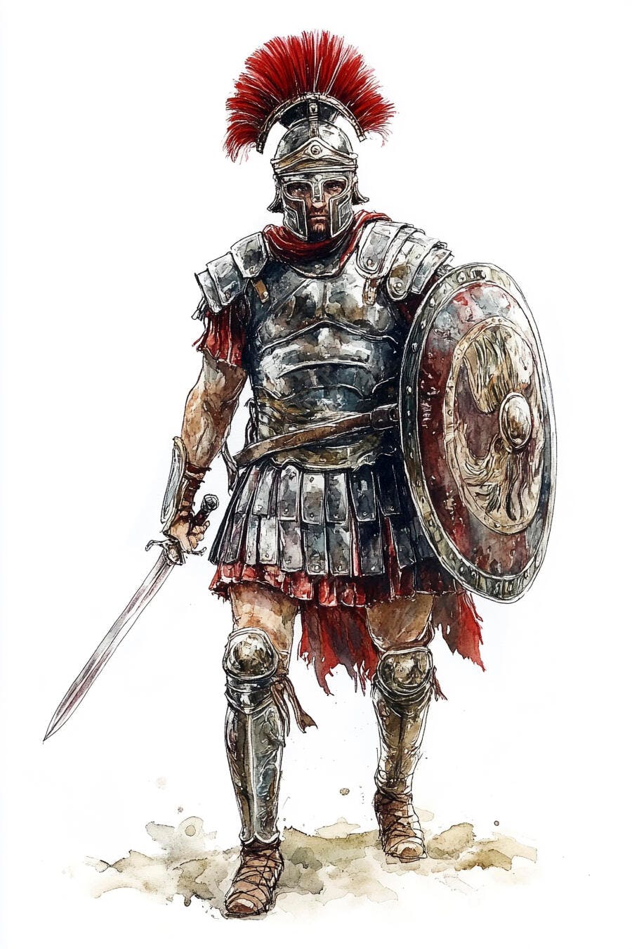 Soldado romano em armadura completa com espada e escudo